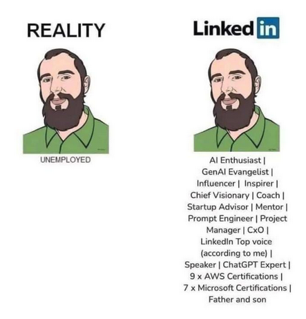 REALITY:
UNEMPLOYED 

Linked in:
Al Enthusiast |
Sols
Influencer | Inspirer |
Chief Visionary | Coach |
Startup Advisor | Mentor |
Prompt Engineer | Project
Manager | CxO |
(according to me) |
Speaker | ChatGPT Expert |
9 x AWS Certifications |