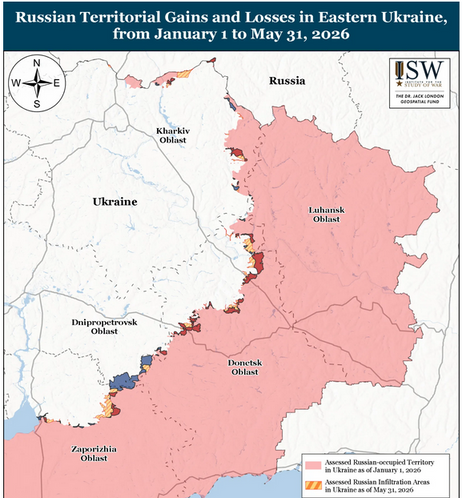 Übersichtskarte über die Front zeigt russisches und ukrainisches Vordringen, das sich in etwa ausgleicht.