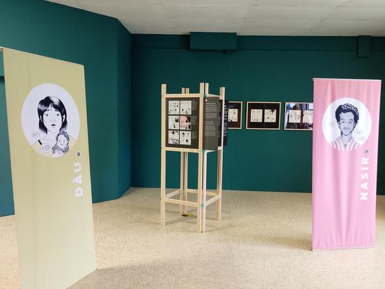 Blick in die Ausstellung Schattenleben, Stationen sind Schicksalen einzelner Menschen ohne Papiere gewidmet