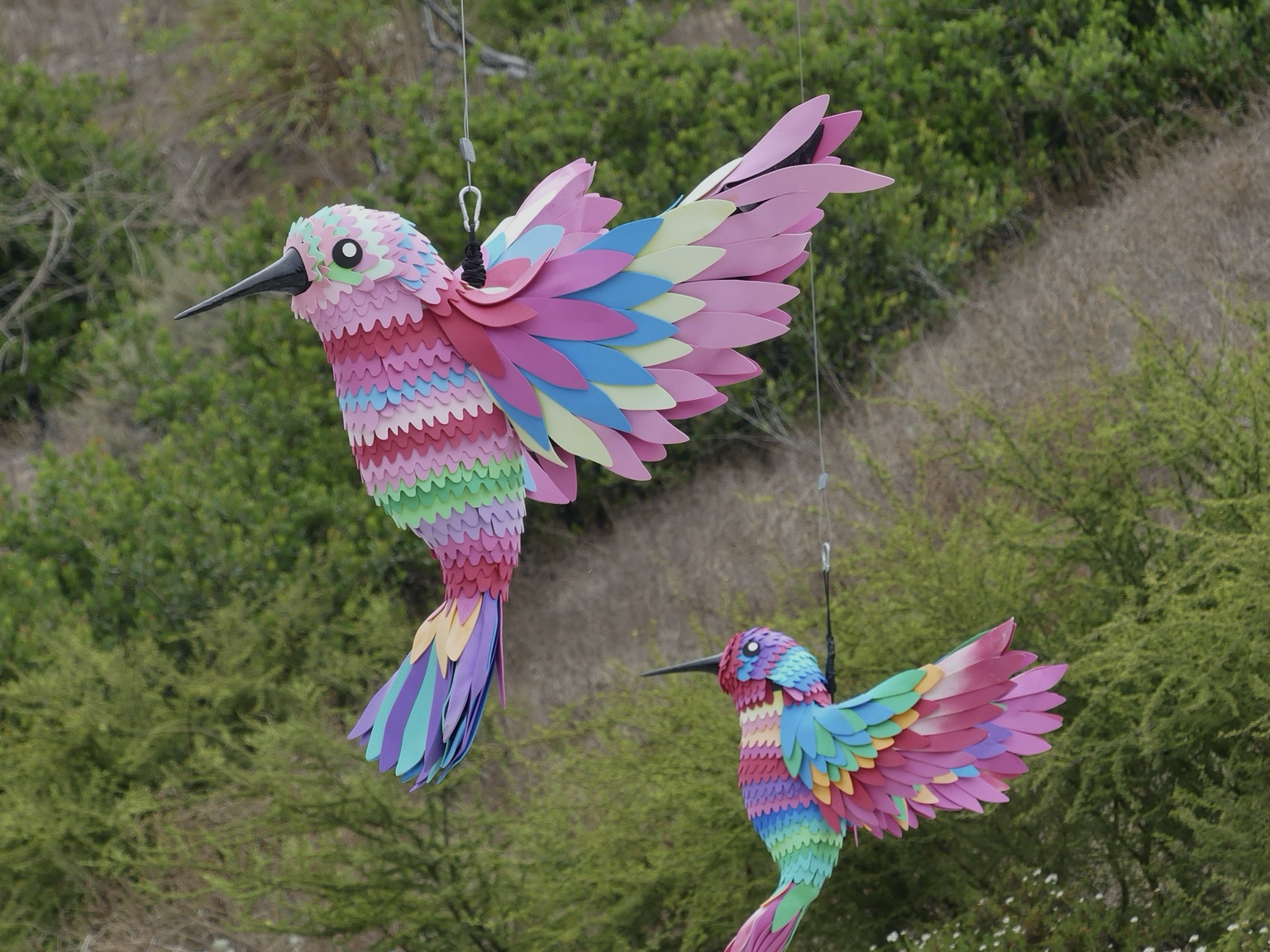 Two colorful hanging paper mache style hummingbird sculptures, a scrubby hillside in the background
