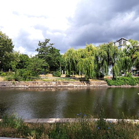 Wasser vom Landwehrkanal im Vordergrund und grüne Weide mit Altbau im Hintergrund.