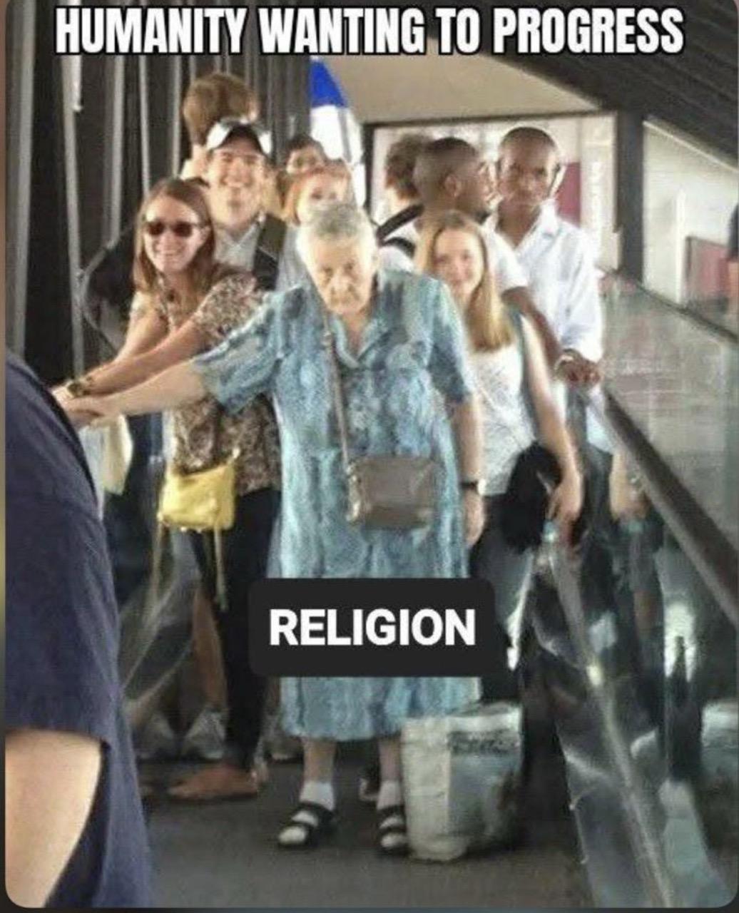 People trying to pass on an escalator representing humanity wanting to progress and an old lady not letting them pass representing religion.