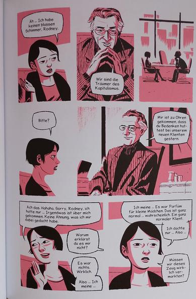 Seite aus dem Comic: Szene mit der Protagonistin im Gespräch mit ihrem Chef