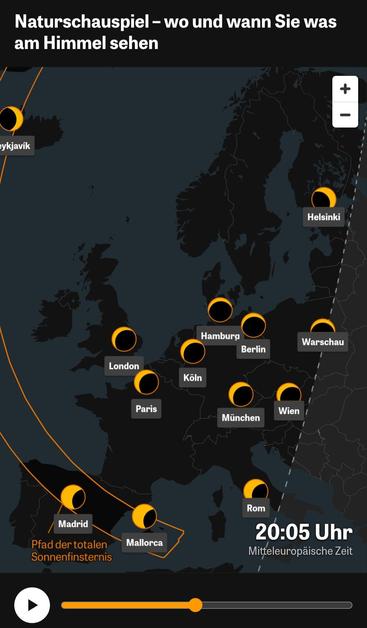 ZEIT-online Screenshot mit Visualisierung der Sonnenfinsternis in Zentraleuropa mit der Überschrift: "Naturschauspiel - wo & wann Sie was am Himmel sehen"