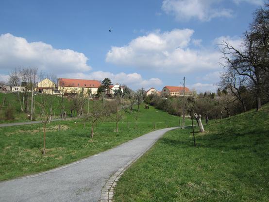 Ein schmaler Weg zieht sich durch eine grüne Wiese in ein sanftes Tal, den Omsewitzer Grund, hinein. Hinten und rechts steigt das Gelände an, im Hintergrund alte aber sanierte Hofhäuser. Blauer Himmel mit einigen Wolken.