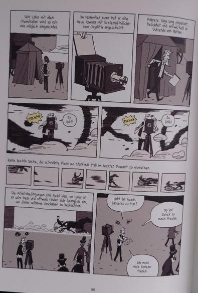 Seite aus dem Comic: erste verschwommene Aufnahmen eines gallopierenden Pferdes