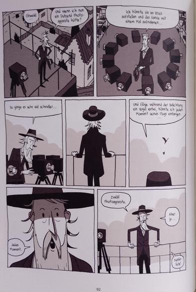 Seite aus dem Comic: Muybridge hat die Idee, mehrere Kameras nacheinander zu nutzen