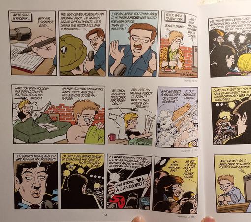 Seite aus dem Buch: der erste Comicstrip von Doonesbury mit Trump von 1987. Trump spielt mit einer Kandidatur als Präsident.