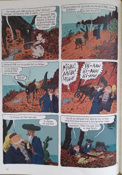 Seite aus dem Comic: Katze und Esel streiten sich über die jüdische oder arabische Herkunft des Namens und Namensträgers Sfar